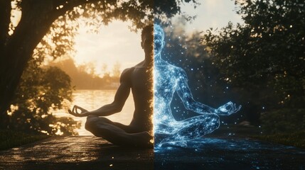 Obraz premium Harmonious Meditation Amidst Natural and Digital Worlds