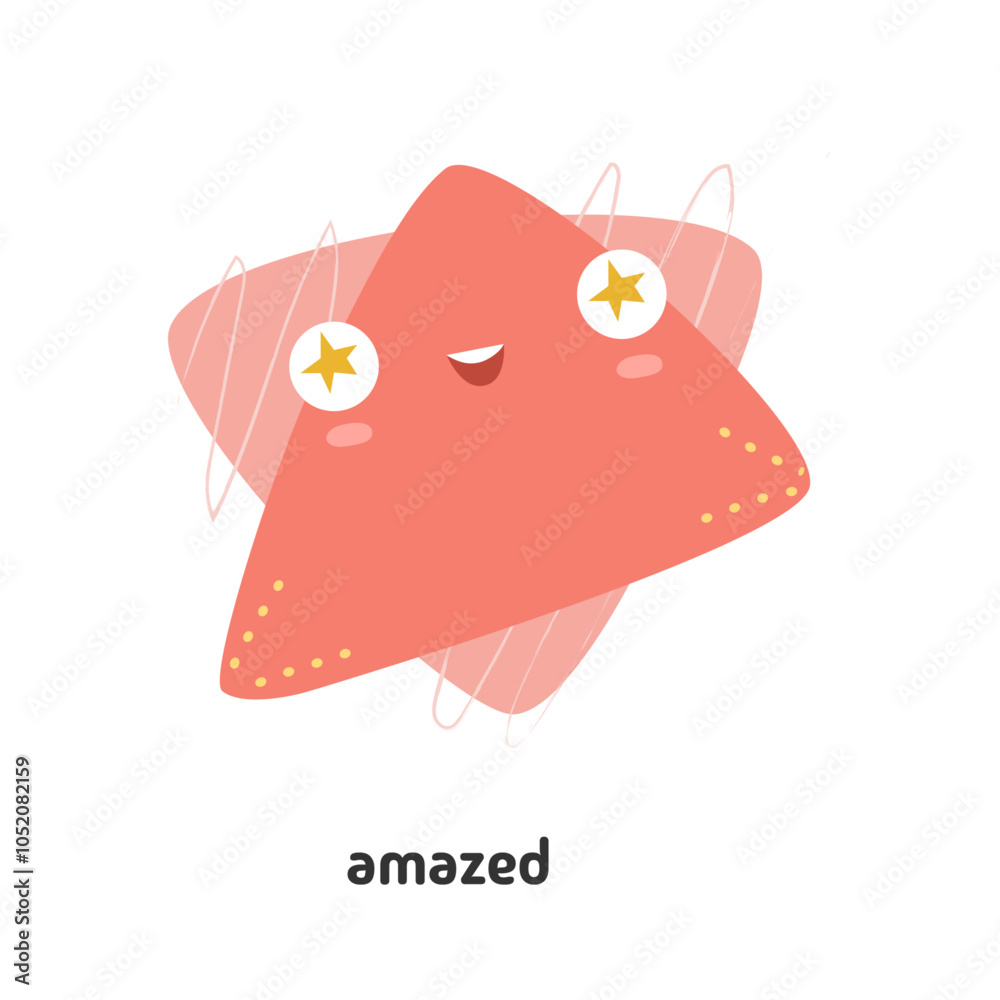 Poster Amazed abstract cute face figure in form of triangle with smile and facial expression of joy. Vector triangular shaped or with stars in eyes. Isolated cheerful sticker, wow or surprise