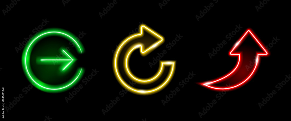 Aufkleber Neon arrow signs, isolated realistic glowing web icons in various shapes. Vector bright pointers, next page and reload symbols for user interface and experience. Advertising signboard elements