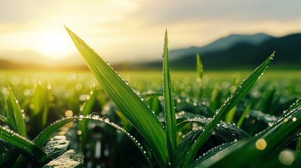 Dew Drops on Grass Blades at Sunset