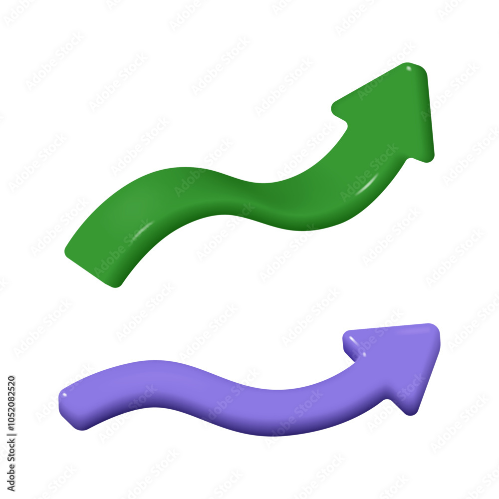 Poster direction sign, curly cartoon arrows in 3d realistic design, vector illustration. curly green and pu