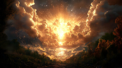 Fototapeta premium Golden Light Through Clouds Illustration