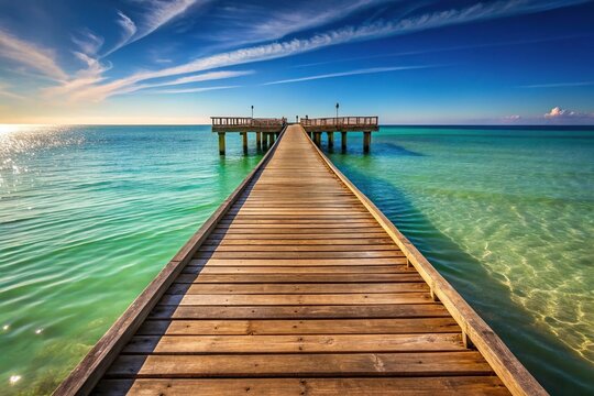 A close-up of a weathered wooden beach pier stretching out into the calm ocean waters with a few seagulls flying overhead, aerial perspective, seagulls in flight, seaside views, clear blue water, bea