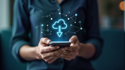 A person holds a smartphone with a glowing cloud download icon above it, representing cloud technology and data transfer. Ideal for tech articles, app promotions, and digital services