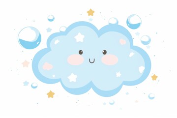 Cute Blue Cartoon Cloud with Stars and Bubbles in Simple Design.