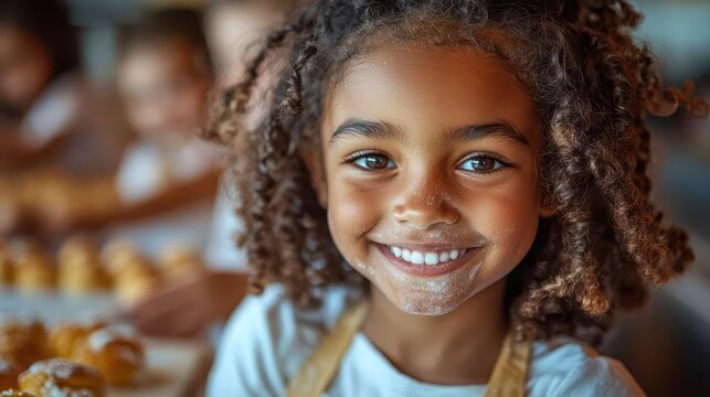 diverse group of children joyfully baking in a bright kitchen, engaging in positive cooking education, surrounded by colorful ingredients and cheerful expressions of teamwork