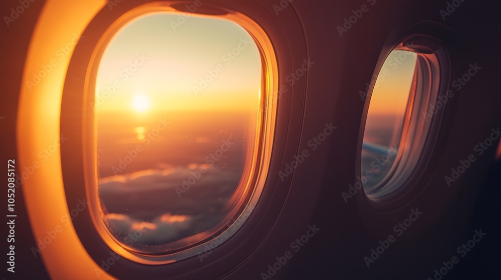 Poster Golden sunset shining through the window of an airplane flying above the clouds, creating a warm and inviting atmosphere