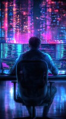 Naklejka premium Exploring the Digital Frontier A Programmer's Journey Through Vibrant Code and Cyber Landscapes