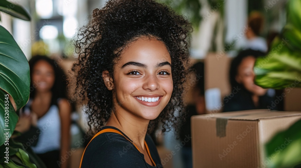 Poster bipoc family smiling and unpacking boxes together in their bright new home stock photo with side cop