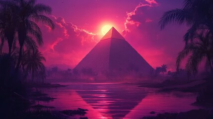 Oasis Background. Pyramid Fantasy Desert Evening Dusk Landscape with Palm Trees