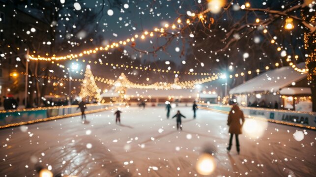 Snowflakes cascade over a lively skating rink, where joyful skaters glide effortlessly beneath twinkling lights, creating a magical winter scene filled with laughter and movement.