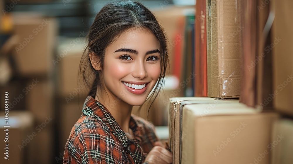 Poster asian woman smiling and placing books on a shelf while unpacking in a new home stock photo with side