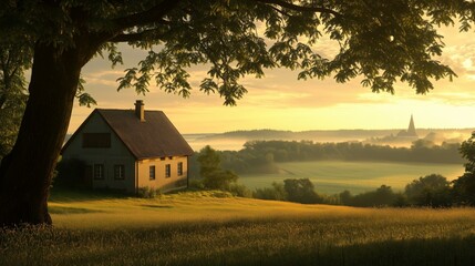 Fototapeta premium Farmhouse dawn light windows rustic charm misty fields. AI generated