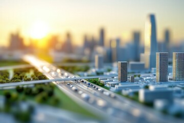 Fototapeta premium Stunning Urban Landscape at Sunset with Modern Architecture and Busy Roads