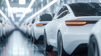 Obraz premium White Cars on Production Line in Automotive Factory