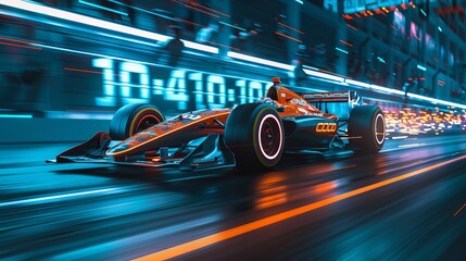 Fototapeta premium Formula One Race Car Speeding Through City Lights