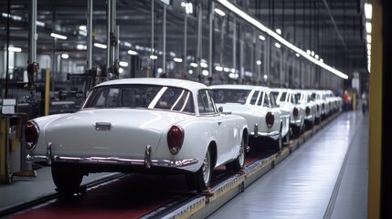 Fototapeta premium White Cars on Production Line in Automotive Factory