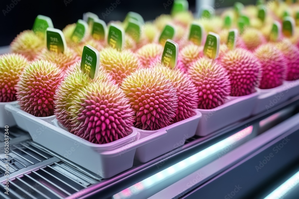 Poster durians displayed in a high-tech market stall with holographic price tags and glowing neon accents