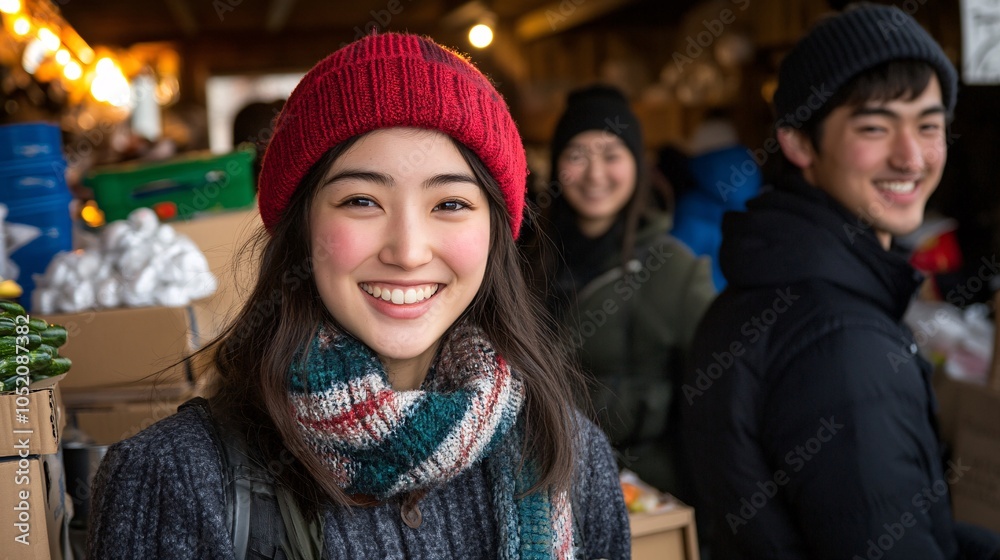 Poster asian family smiling as they settle into their new kitchen while unpacking boxes stock photo with si