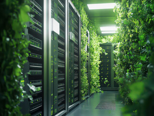 Eco-friendly data center with lush greenery and energy-efficient servers in a modern facility.