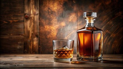 A close-up shot of a whiskey bottle with the glass filled with amber liquid and a wooden stopper, wood grain, closeup