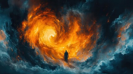 dramatic illustration depicting a descent into a fiery underworld, with swirling flames, dark shadows, and ominous figures lurking within the depths, creating a chilling atmosphere