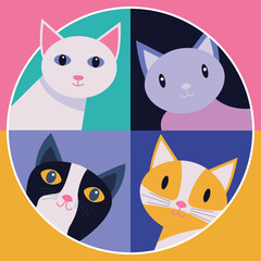 Portrait of 4 cats in colourful decorative style