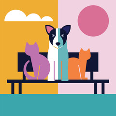 Cats and a dog sitting on a park bench in colourful geometric art style