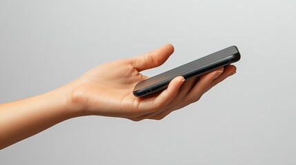 Hand holding smartphone on white background