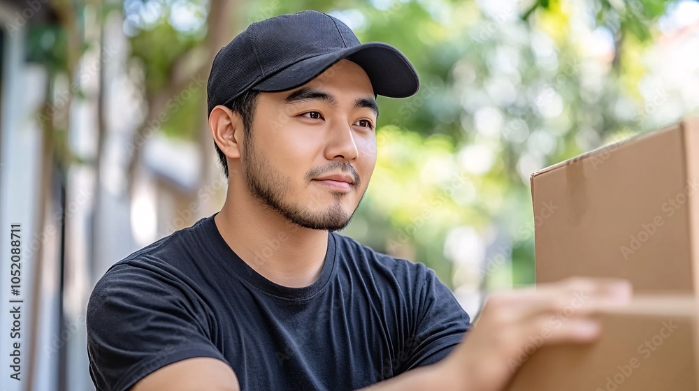 Poster asian man adjusting a shelf while setting up his new home office after moving stock photo with side 