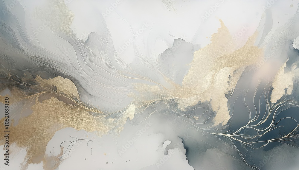 Poster dreamy abstract background with soft feathery textures, golden highlights, and cloud like swirls in 