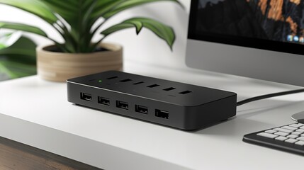 Obraz premium Close-Up of Sleek Modern USB Hub with Multiple Ports on Clean Minimalist Desk - Ample Space for Product Showcase