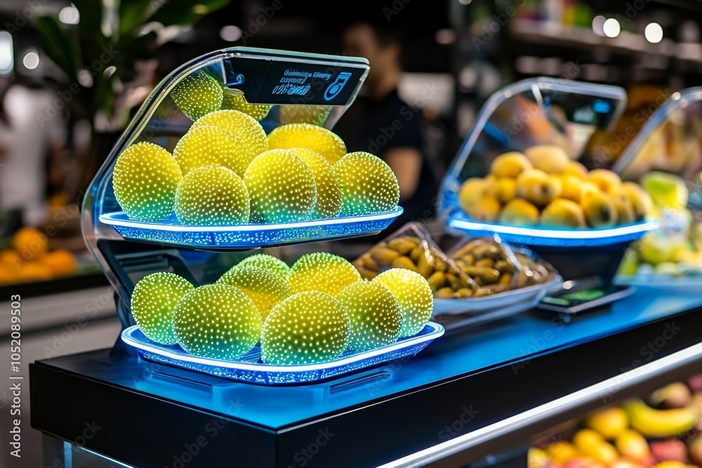 Poster longan fruits displayed in a high-tech market with holographic price tags and neon accents, creating
