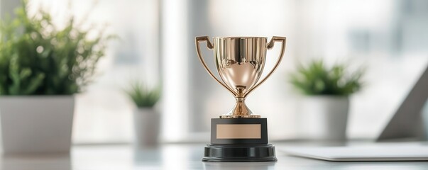 Closeup of a trophy labeled  Startup of the Year  on a sleek desk, AwardWinning Startup, recognition and business excellence