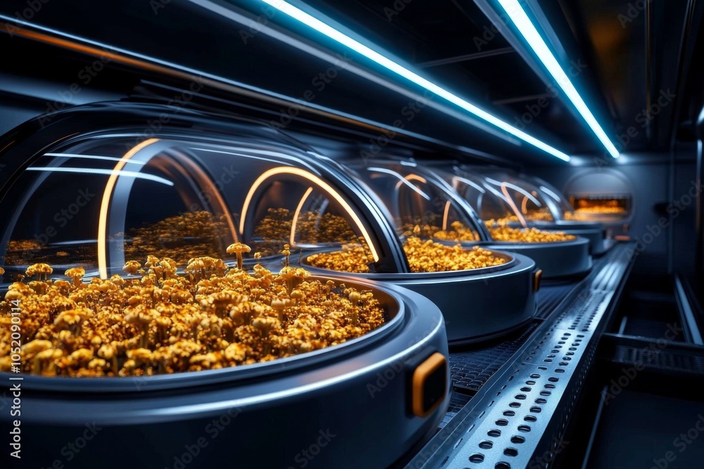 Poster mushrooms growing in a high-tech, temperature-controlled greenhouse, with holographic displays showi