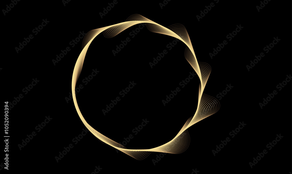Poster Abstract circle wave lines, gradient light equalizer gold wavy curve. Round frame in luxury golden color isolated on black background. Editable stroke. Vector illustration with copy space