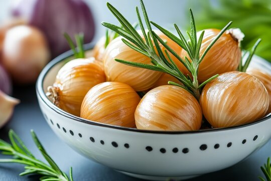 Roasted shallots with rosemary sprigs, caramelized and soft, ready to serve as a side dish