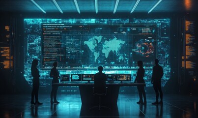 Digital advertising team reviewing performance metrics on a large screen, data-driven business, 3D illustration