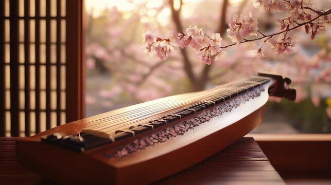 Tuning a traditional string instrument near blooming cherry blossoms during sunset in a serene Japanese garden