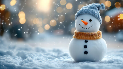 Fototapeta premium Smiling Snowman with Hat and Scarf in Snowy Winter Scene - Illustration