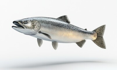 Obraz premium 3D salmon with shiny scales, depicted mid-leap as if jumping upstream, isolated on white
