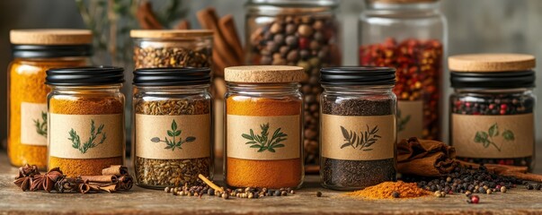 Organic spices in glass jars with ecofriendly labels, spread on a rustic kitchen counter, Organic Spices, natural cooking ingredients