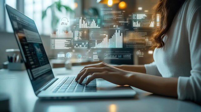Person typing on a laptop while interacting with digital data and analytics in a modern workspace during the daytime - Powered by Adobe