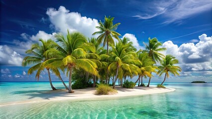Obraz premium A cluster of palm trees swaying gently in the wind on a deserted island with crystal clear waters and white sandy beach, outdoor, sand, scenery, island, ocean