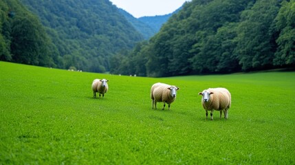 Obraz premium Sheep Grazing in Lush Green Meadow with Mountain View