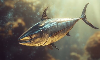 3D tuna fish with its sleek, aerodynamic body and metallic sheen, rendered in a dynamic swimming pose