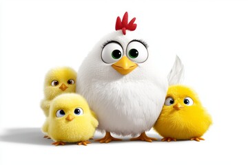 Naklejka premium a 2D cartoon illustration of a cheerful chicken with chicks farmyard scene white background
