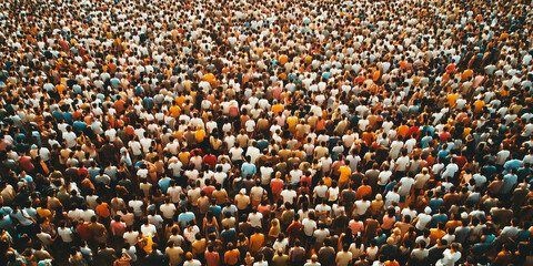 Aerial shot of crowd of people gathered for an event or open-air meeting.