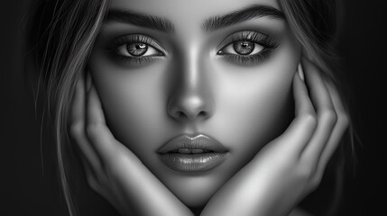 Fototapeta premium Black and white portrait of beautiful female face 