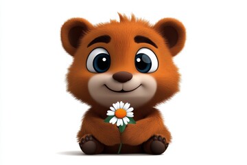 a 2D cartoon illustration of a chipmunk holding a tiny flower gentle and cute white background